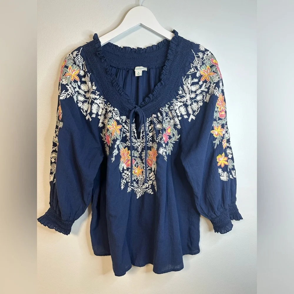Sundance Cotton Embroidered Peasant Boho Floral Navy Boho Blouse Top Sz  Medium - Picture 3 of 17